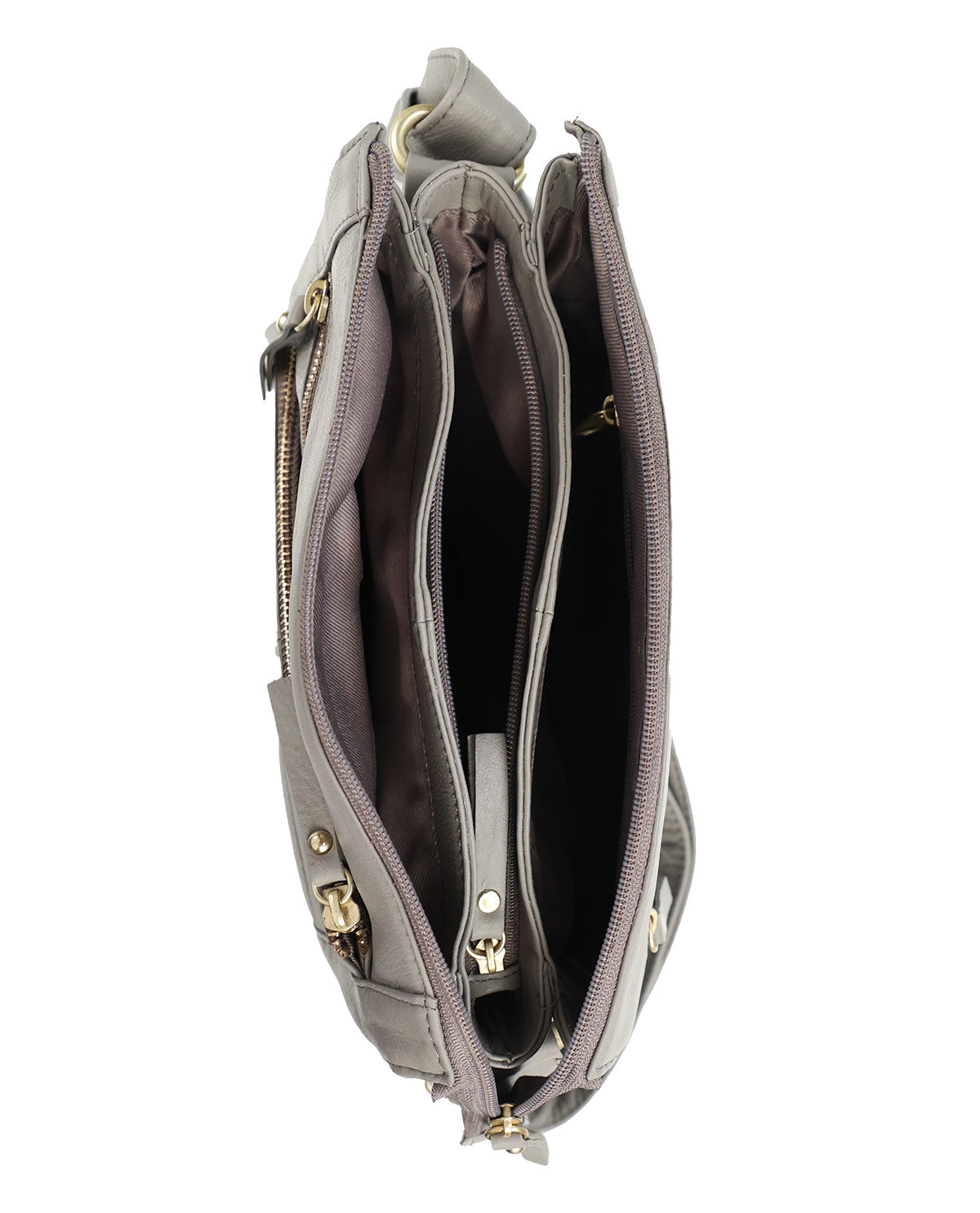 A top-down view of a gray leather shoulder bag with multiple zippered compartments and gold-tone hardware, shown against a plain white background.