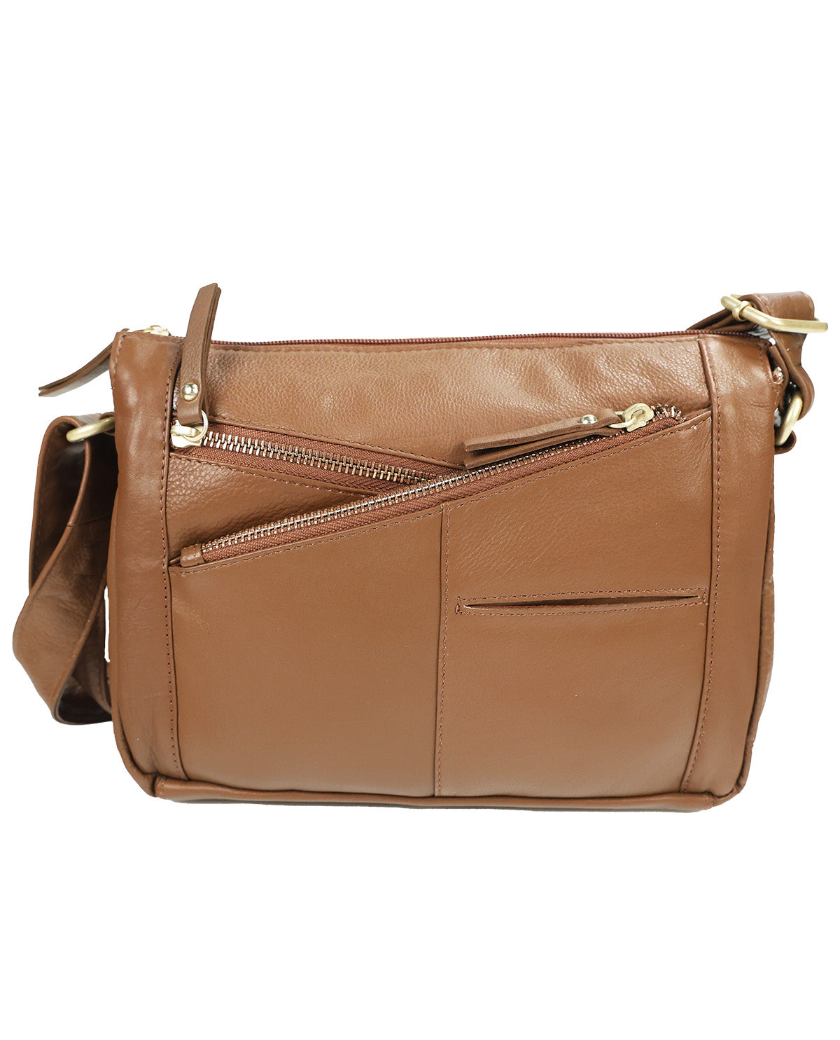 A tan leather crossbody handbag with multiple zippered pockets and a top handle, shown against a plain white background.