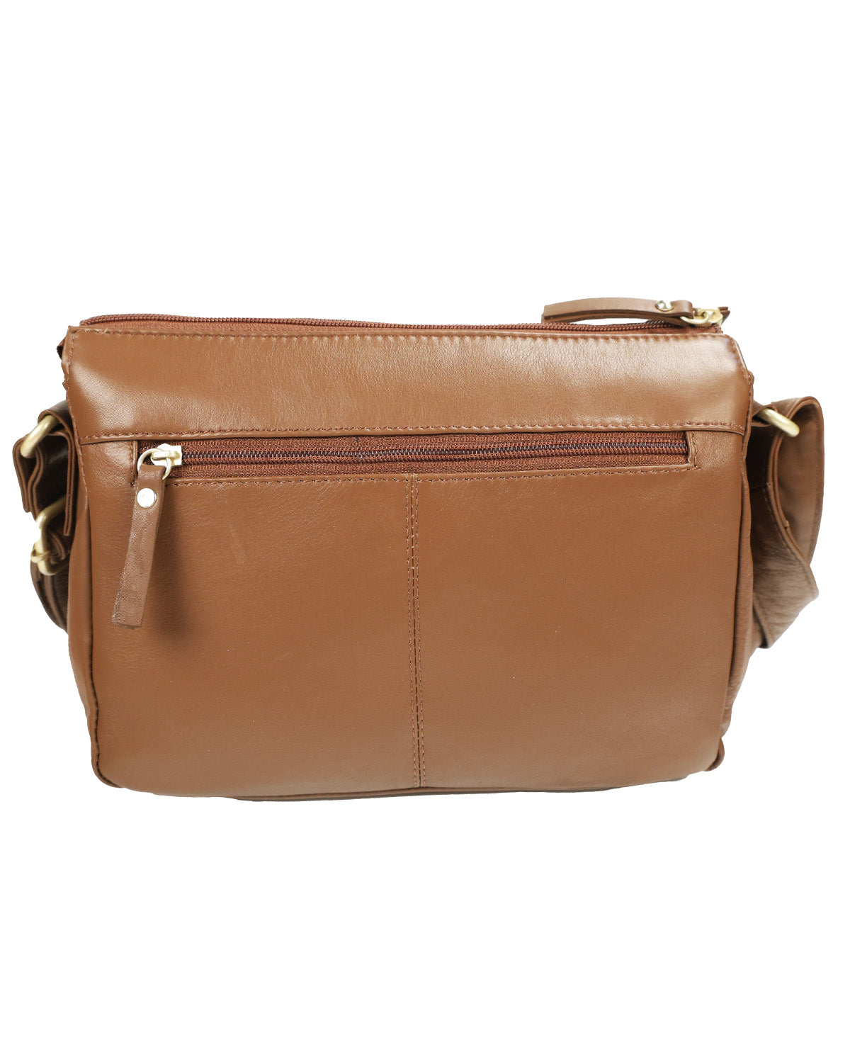 A brown faux-leather crossbody bag with a top zipper, a front zippered pocket, and a top handle, shown against a plain white background.