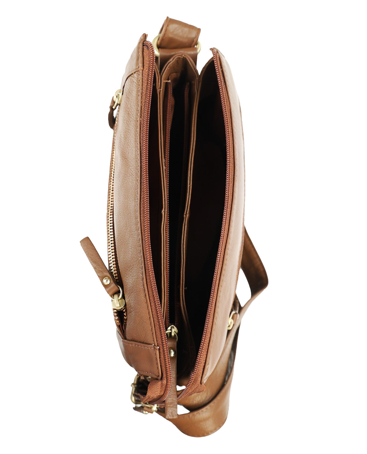 A brown leather crossbody bag shown open from a top-down view, displaying its interior compartments, gold-tone zippers, and a matching brown leather strap against a white background.
