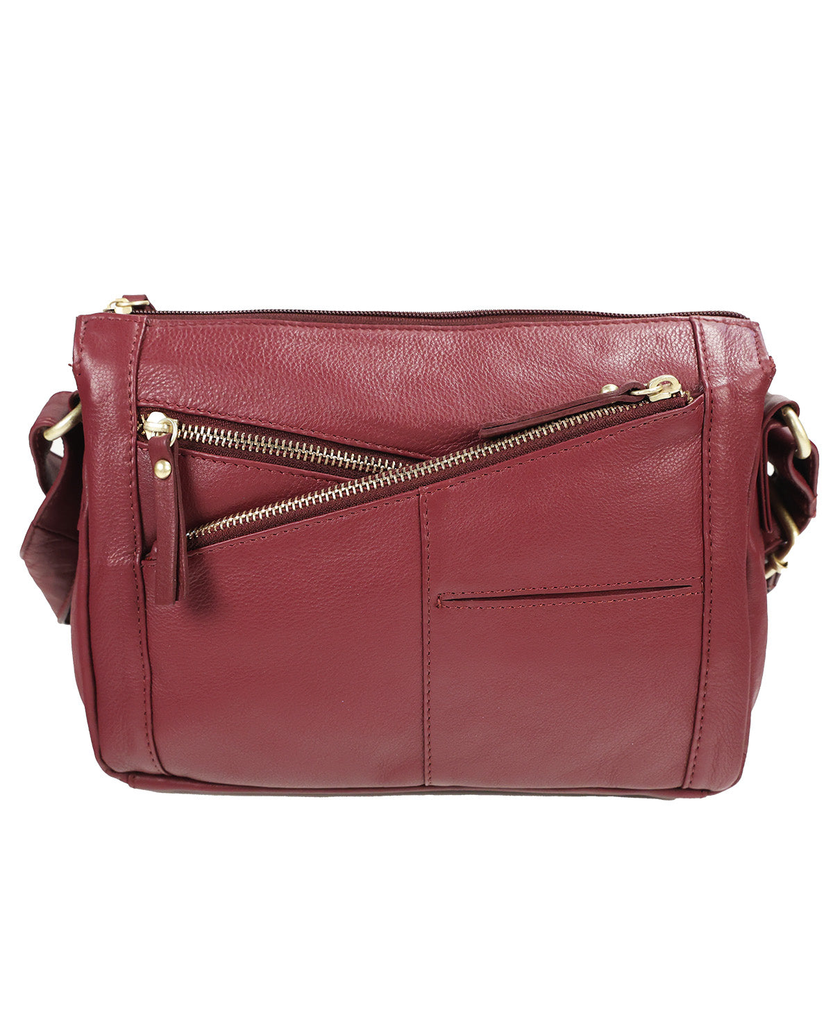 A burgundy pebbled leather crossbody bag with gold-tone hardware, featuring a diagonal zippered pocket on the front, a top zip closure, and a side strap, shown against a plain white background.