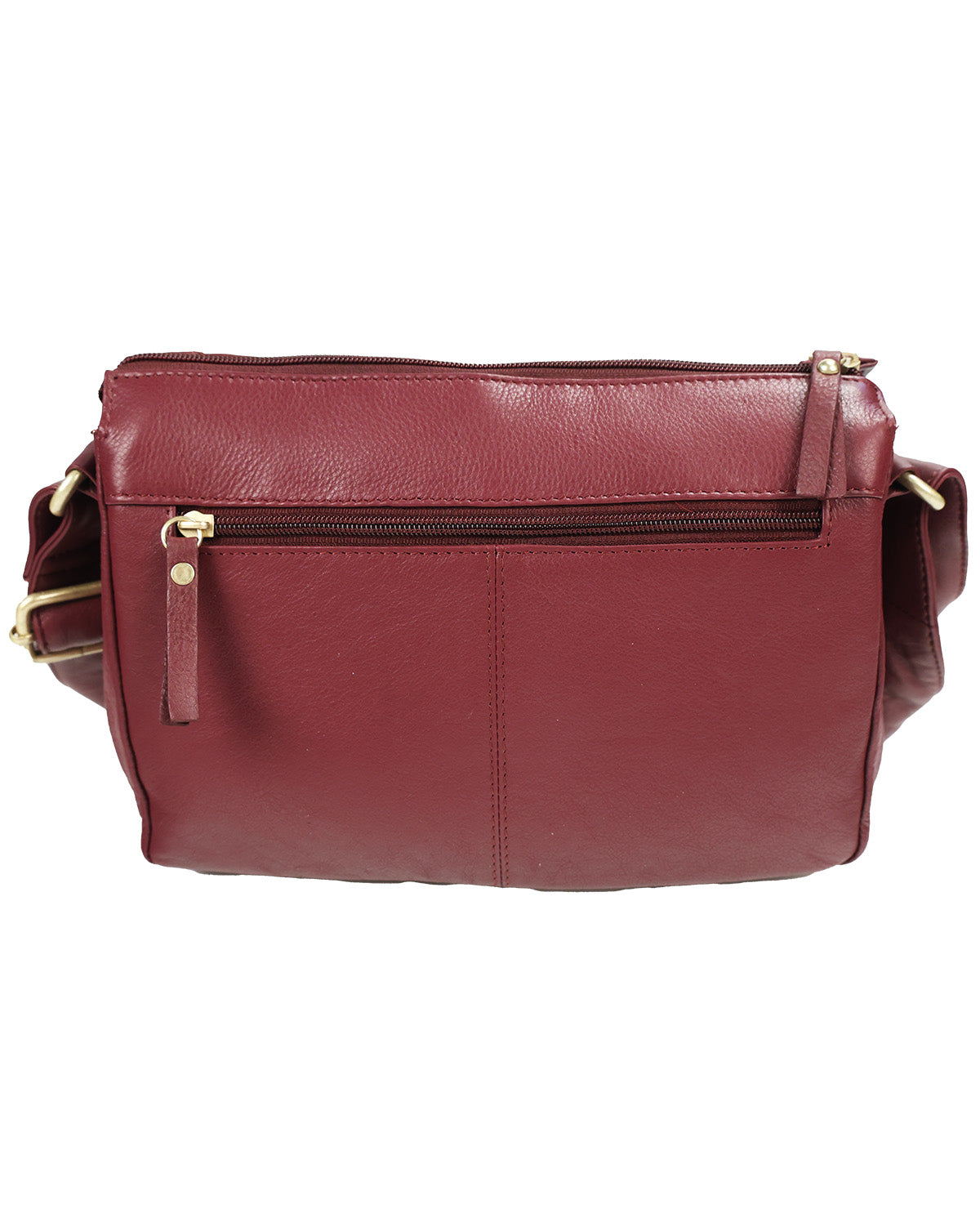 A burgundy faux-leather crossbody bag with gold-tone hardware, featuring a front zippered pocket and a top zip closure, shown against a plain white background.