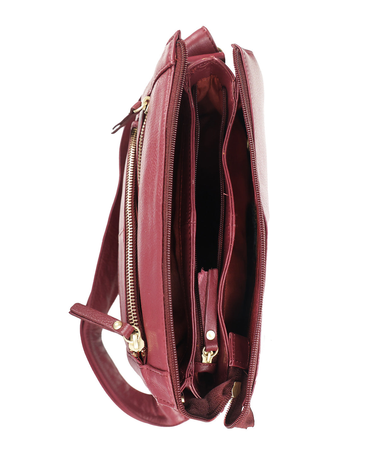 A burgundy leather crossbody bag shown open to display its interior compartments, gold-tone zippers, and lining, set against a plain white background.