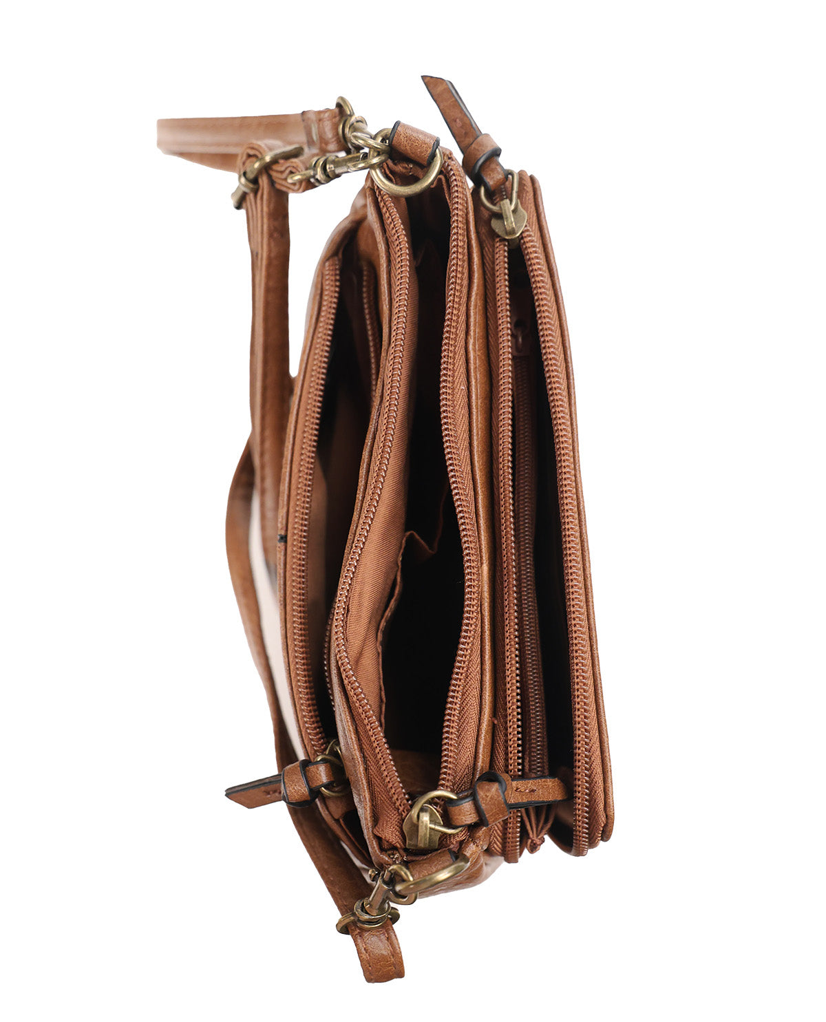 A brown leather crossbody bag with multiple zippered compartments and a gold-tone chain strap, shown open against a white background.