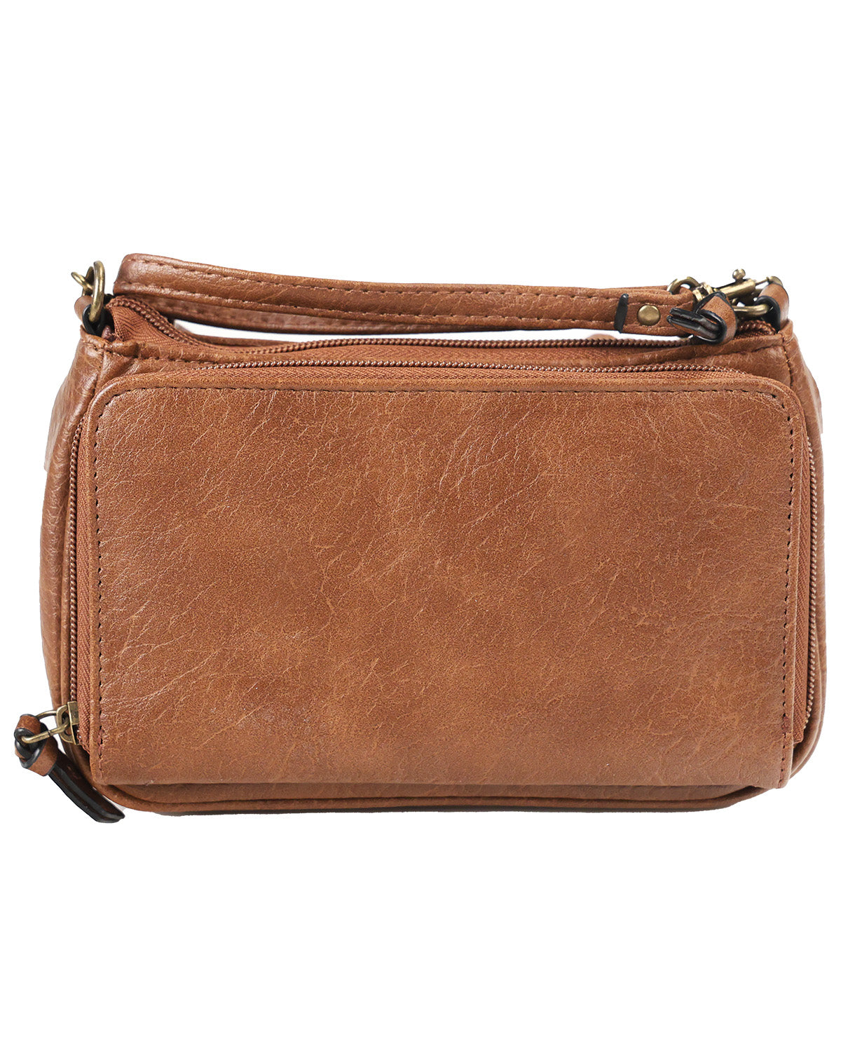 A brown faux-leather crossbody handbag with a top zipper, zippered side pockets, and a small top handle, shown against a plain white background.