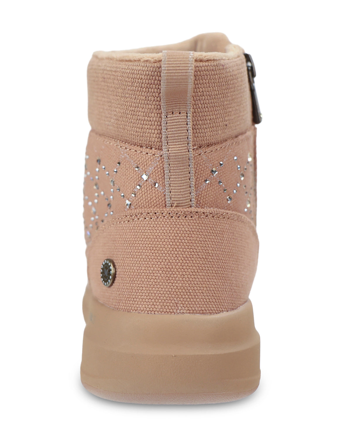 A single beige ankle boot shown from the back, featuring a textured canvas upper with silver rhinestone embellishments, a pull tab, and a thick beige sole.