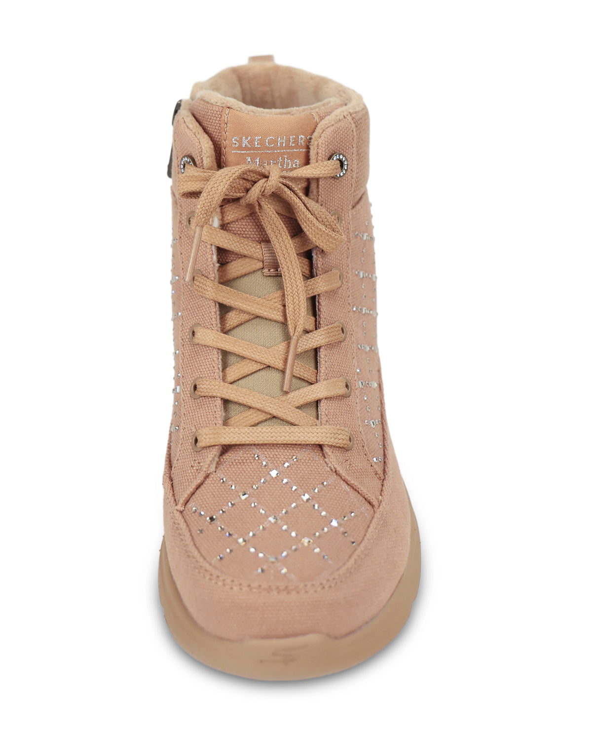 A single Skechers mid-top sneaker boot in beige suede with matching laces and rhinestone embellishments, shown against a plain white background.