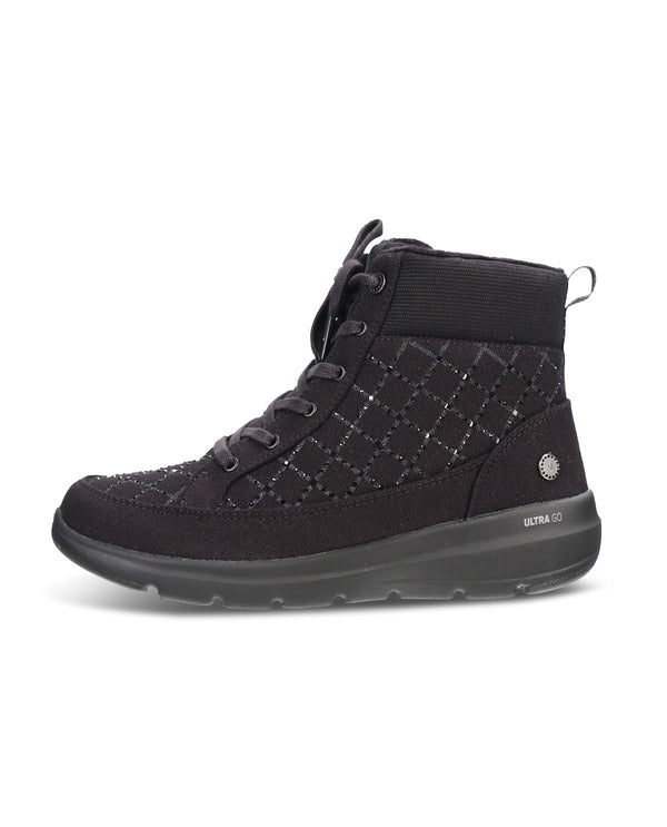 Black leather boot with white sole on a white background