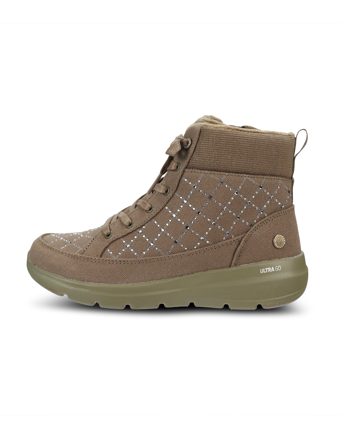 Olive boot with white sole on a white background
