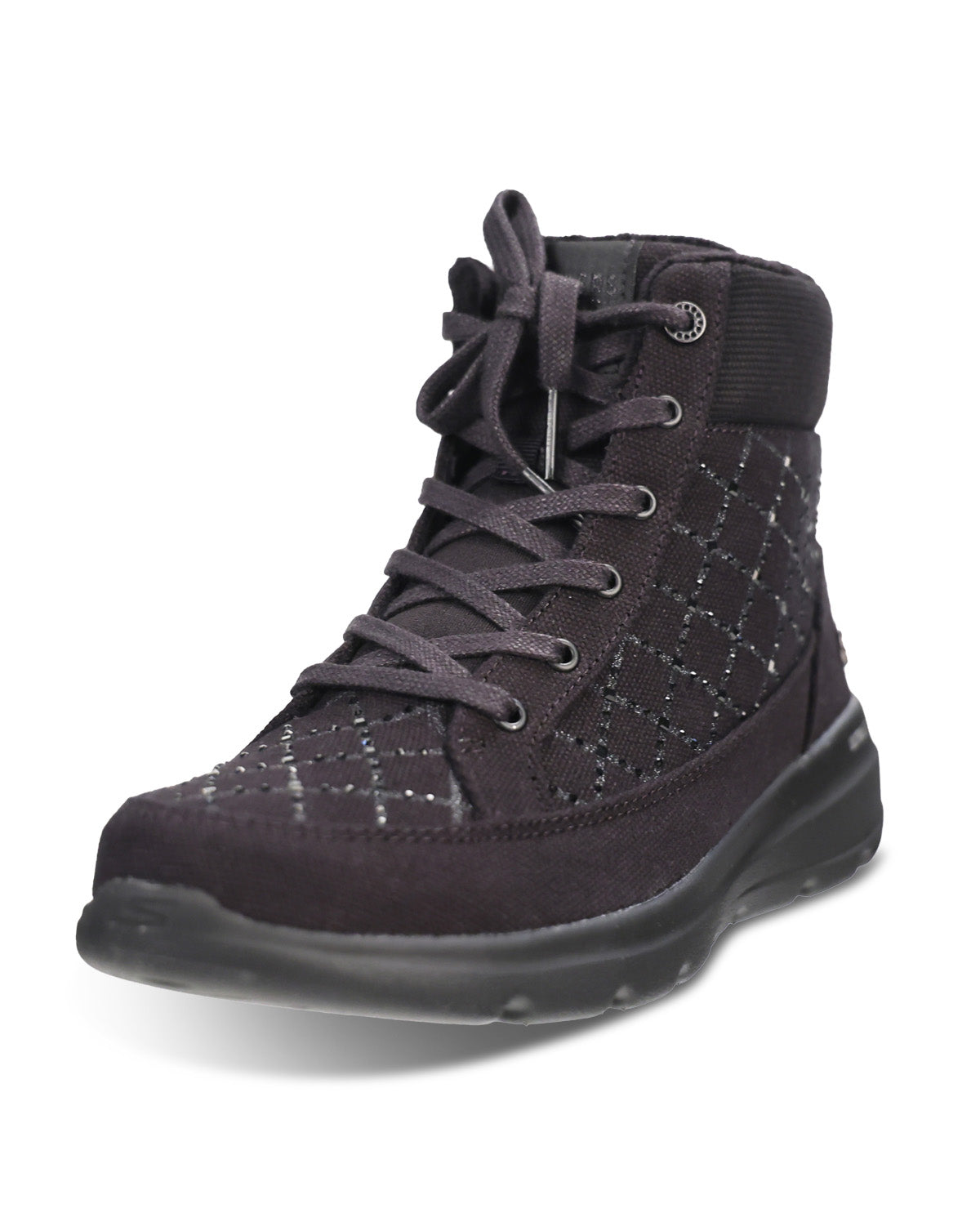 A black lace-up ankle boot with a quilted diamond pattern on the side, set against a plain white background.
