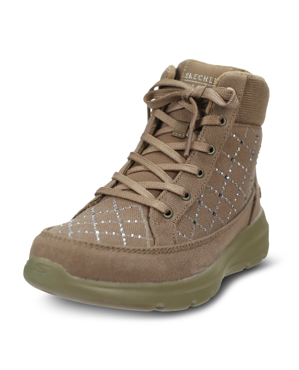 A SKECHERS mid-top lace-up boot in Olive suede and mesh, featuring a diamond pattern of silver rhinestones on the side and a thick olive green sole, shown against a plain white background.