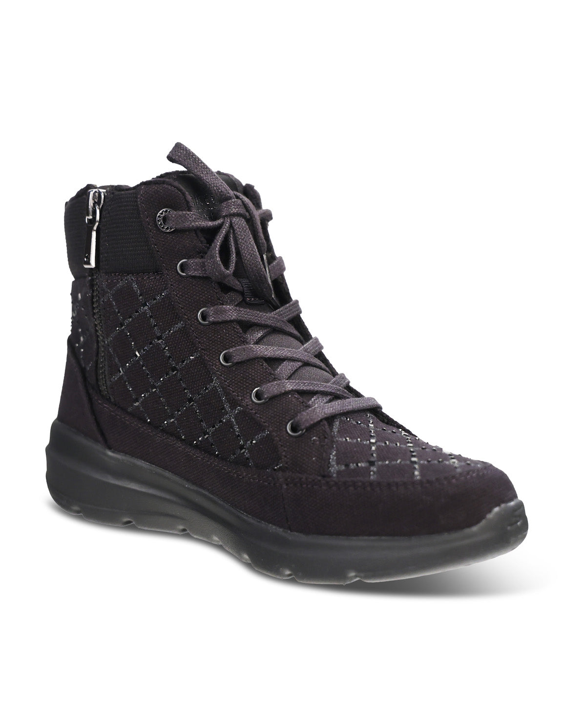 Black high-top sneaker with patent leather finish on a white background