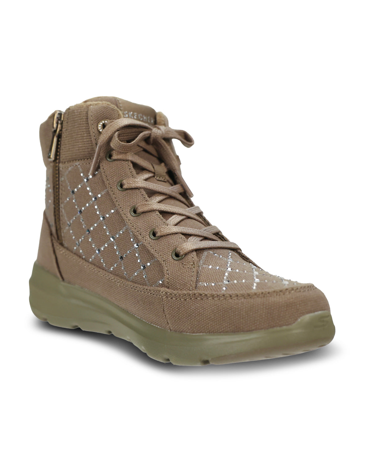 A SKECHERS mid-top lace-up boot in Olive suede and mesh, featuring a diamond pattern of silver rhinestones on the side and a thick olive green sole, shown against a plain white background.