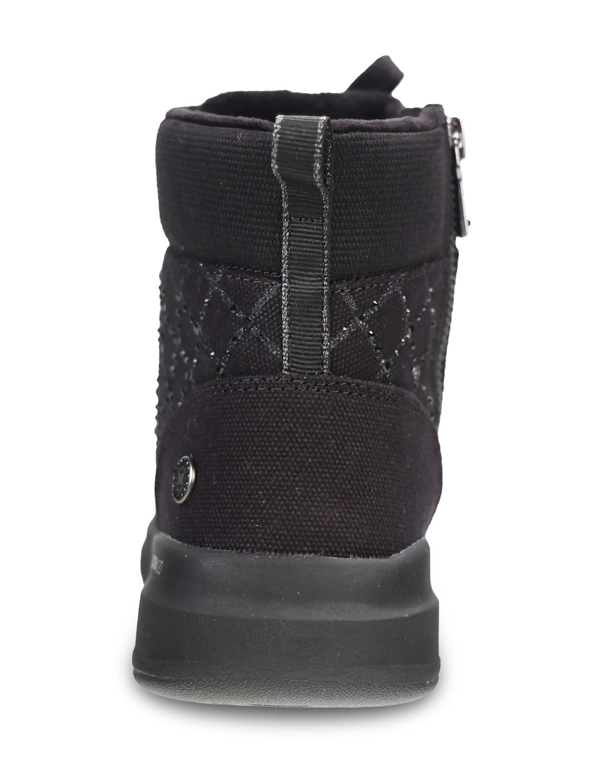 A black lace-up ankle boot with a quilted diamond pattern on the side, set against a plain white background.