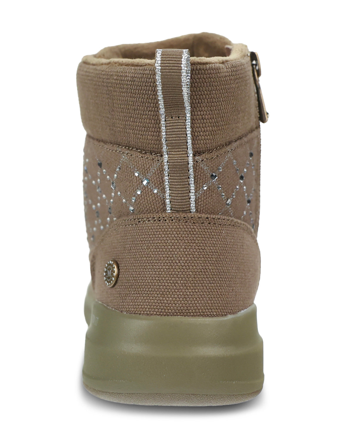 A SKECHERS mid-top lace-up boot in Olive suede and mesh, featuring a diamond pattern of silver rhinestones on the side and a thick olive green sole, shown against a plain white background.