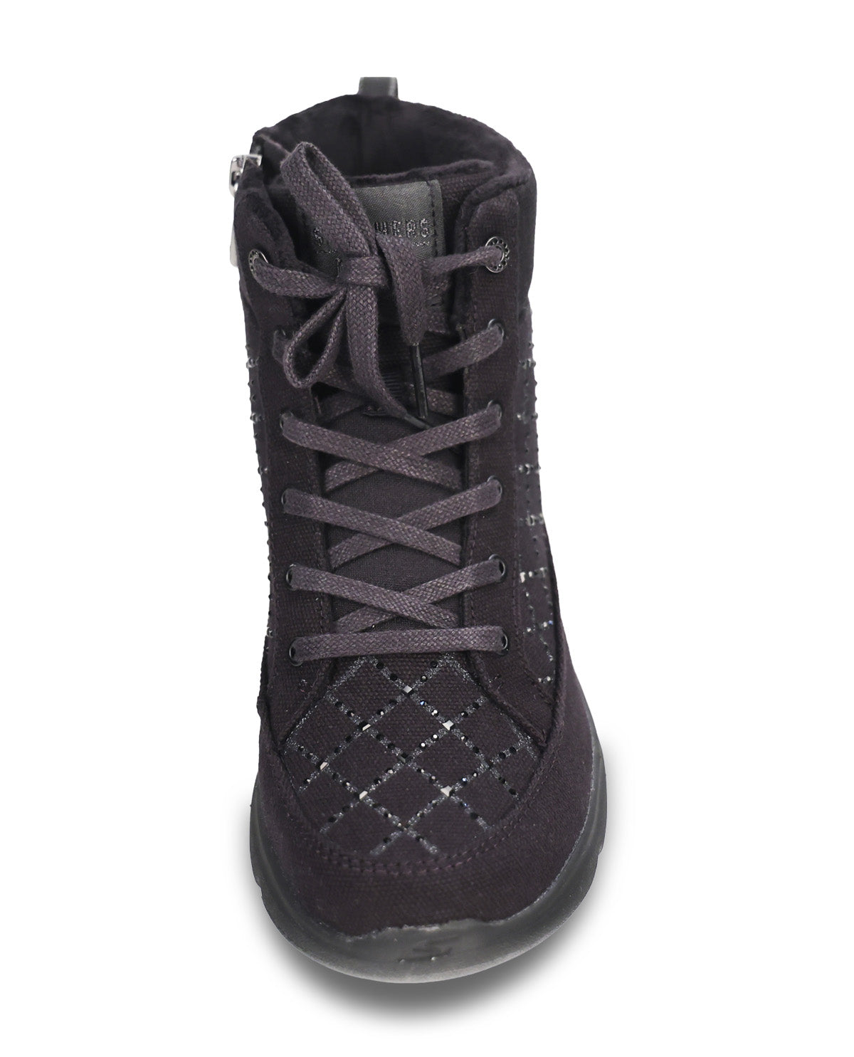 A black lace-up ankle boot with a quilted diamond pattern on the side, set against a plain white background.