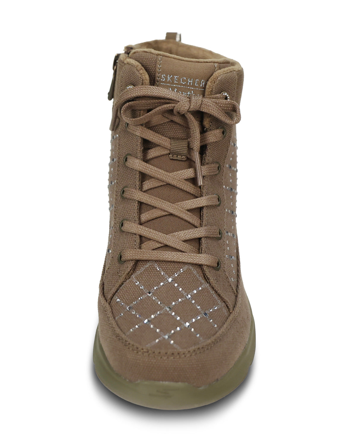 A SKECHERS mid-top lace-up boot in Olive suede and mesh, featuring a diamond pattern of silver rhinestones on the side and a thick olive green sole, shown against a plain white background.