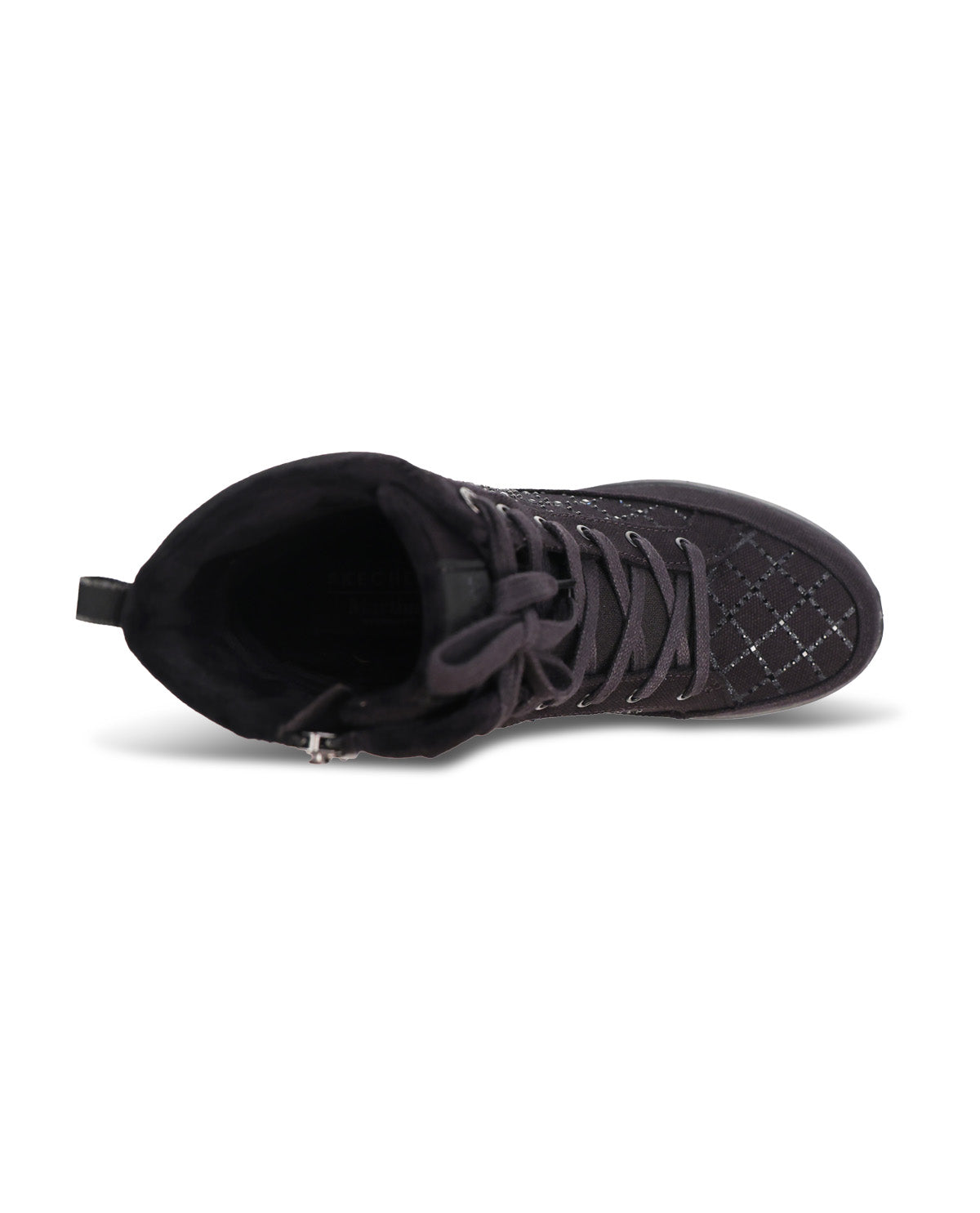 A black high-top sneaker boot with a textured diamond-patterned upper, black laces, and a small silver zipper pull on the side, shown from a side profile against a white background.