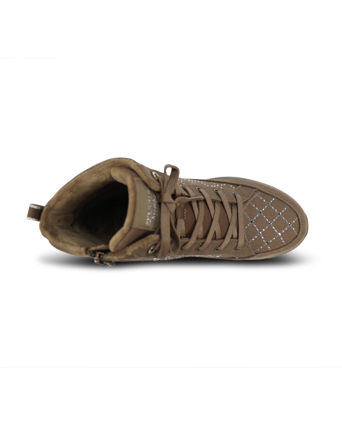 A SKECHERS mid-top lace-up boot in Olive suede and mesh, featuring a diamond pattern of silver rhinestones on the side and a thick olive green sole, shown against a plain white background.