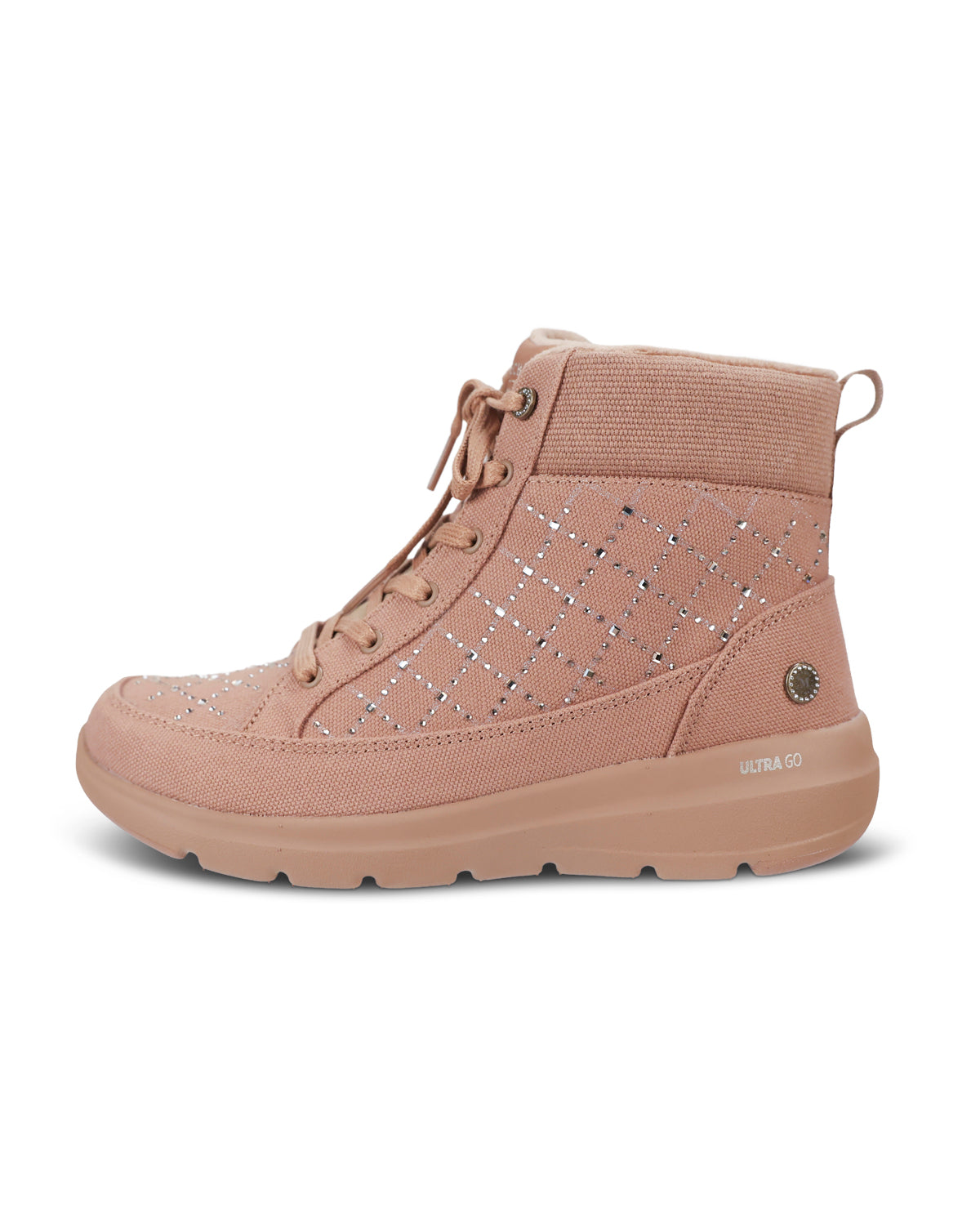 A single women's mid-calf lace-up boot in a chestnut color, featuring a textured diamond-quilted pattern on the side, a soft fleece collar, and a thick cushioned sole with 'ULTRA GO' branding.