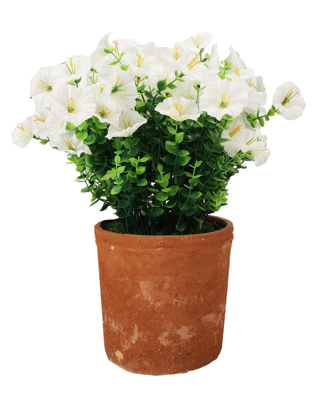 An artificial potted plant featuring white flowers with yellow centers and green foliage, set in a rustic terracotta-colored pot against a plain white background.