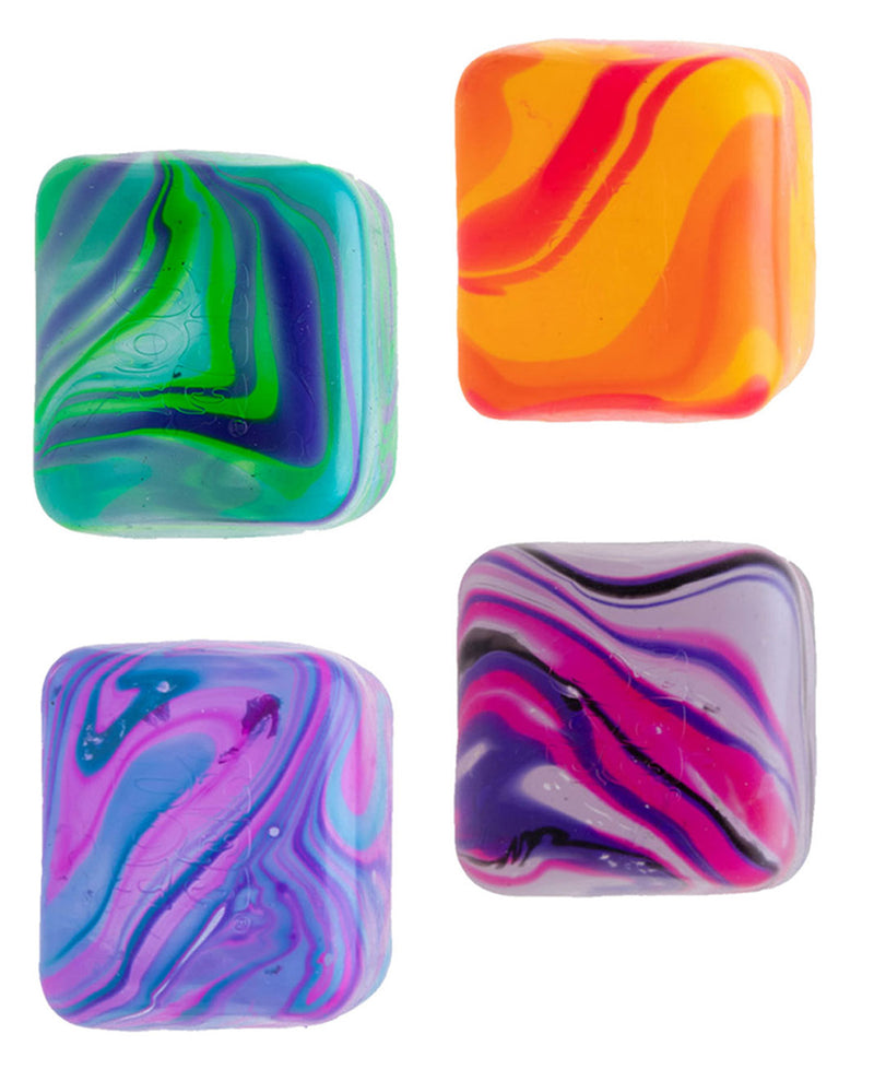 Four square translucent resin tiles with rounded corners, each featuring a unique colorful marbled swirl pattern, arranged in a 2x2 grid on a white background.