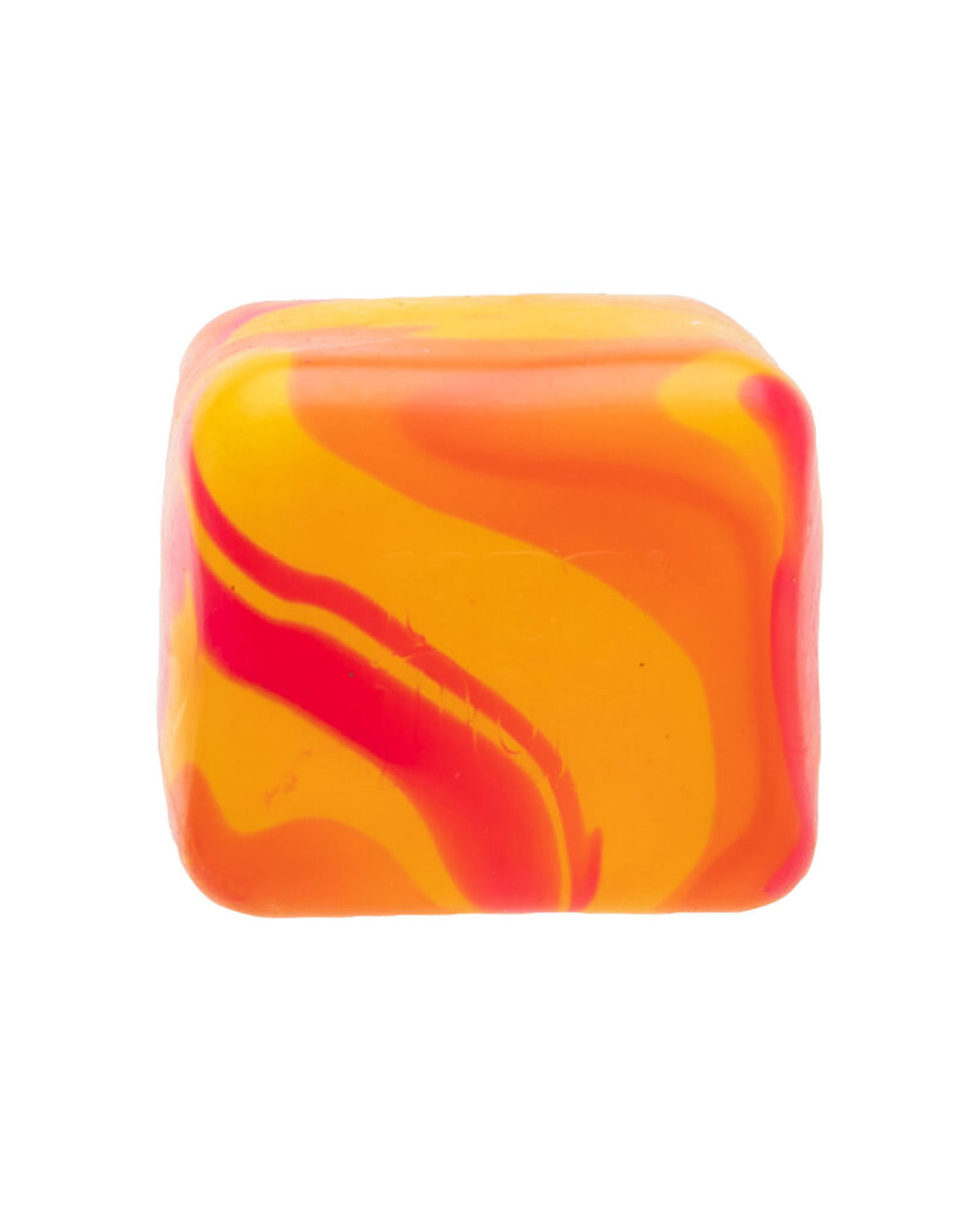 A square translucent rubber or silicone charm with a marbled swirl pattern of orange, yellow, and red, isolated on a white background.