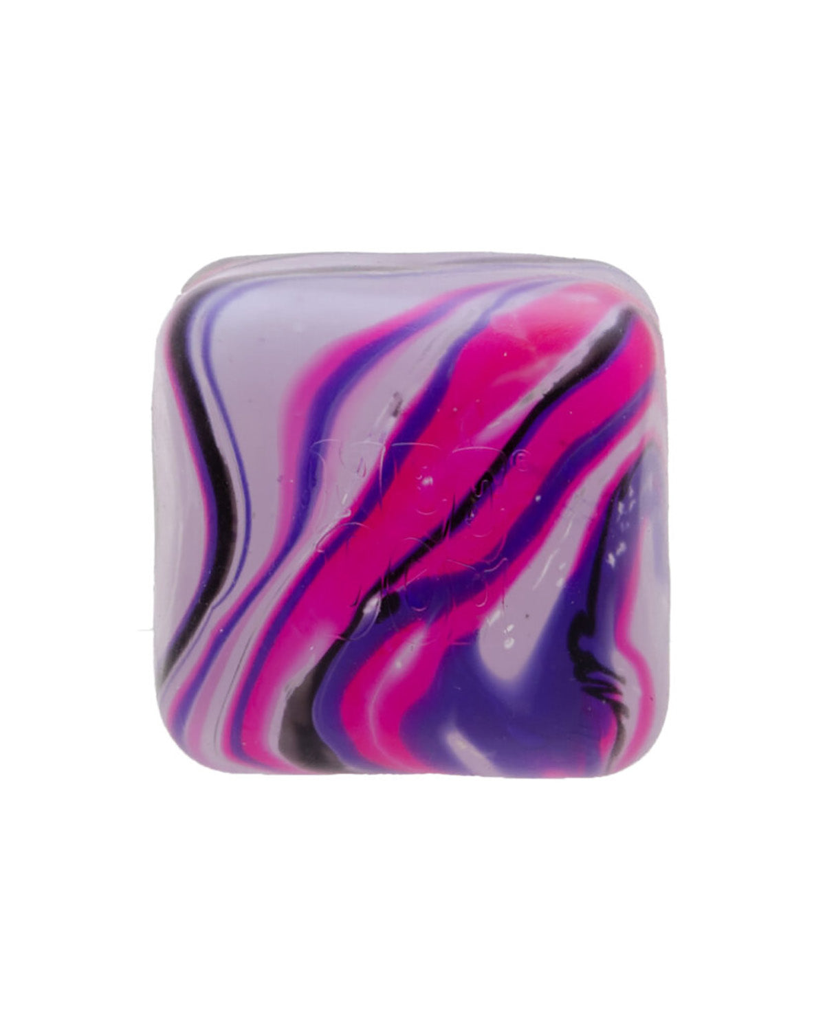 A square glass bead with rounded corners, featuring a marbled swirl pattern of magenta pink, purple, and white with thin black veins, isolated on a white background.