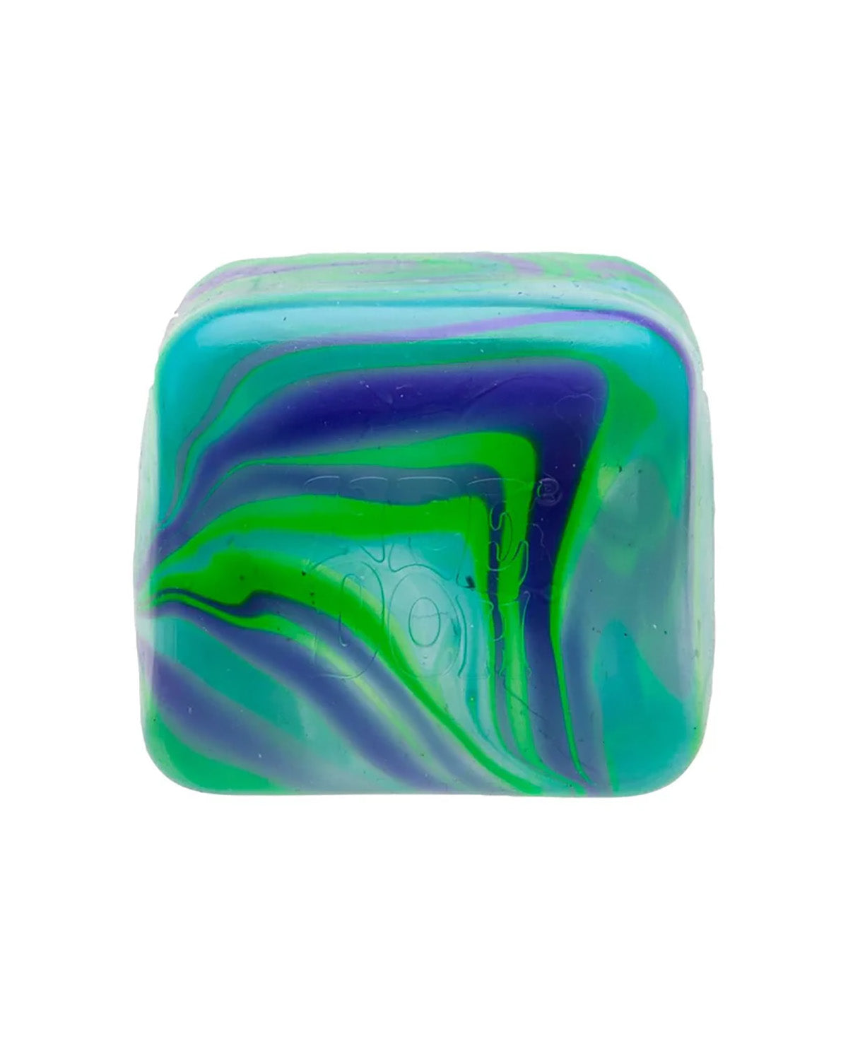 A square translucent soap bar with rounded corners, featuring a marbled swirl pattern of teal, green, and purple on a plain white background.