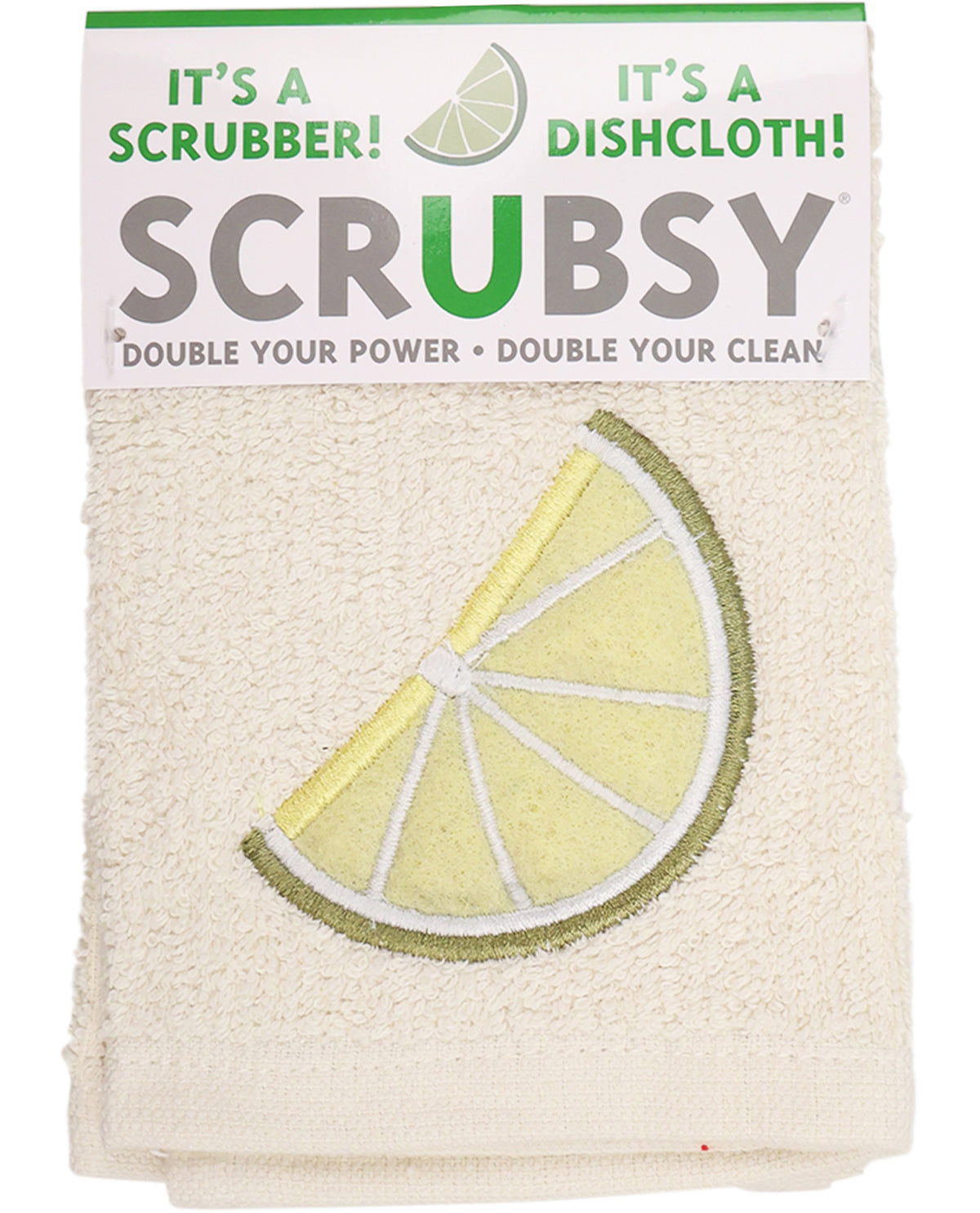 Scrubby with lemon design and packaging label on a white background