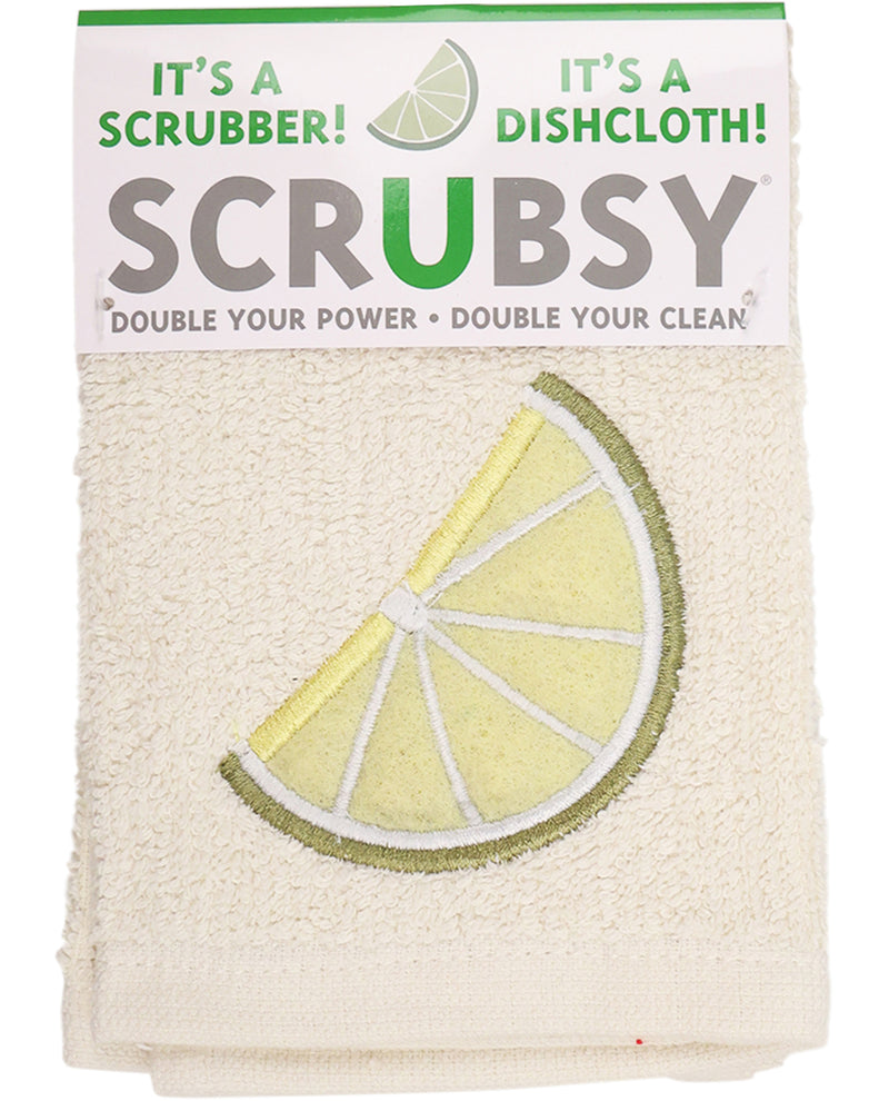 Scrubby with lemon design and packaging label on a white background