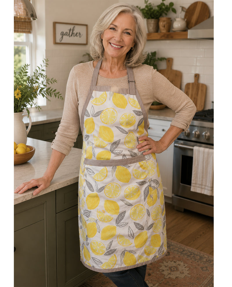 Woman wearing a lemon-patterned apron in a kitchen