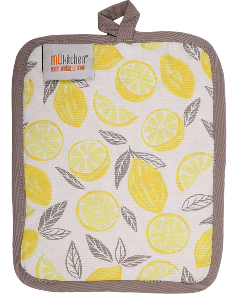 Potholder with lemon pattern and Mukitchen tag on a white background
