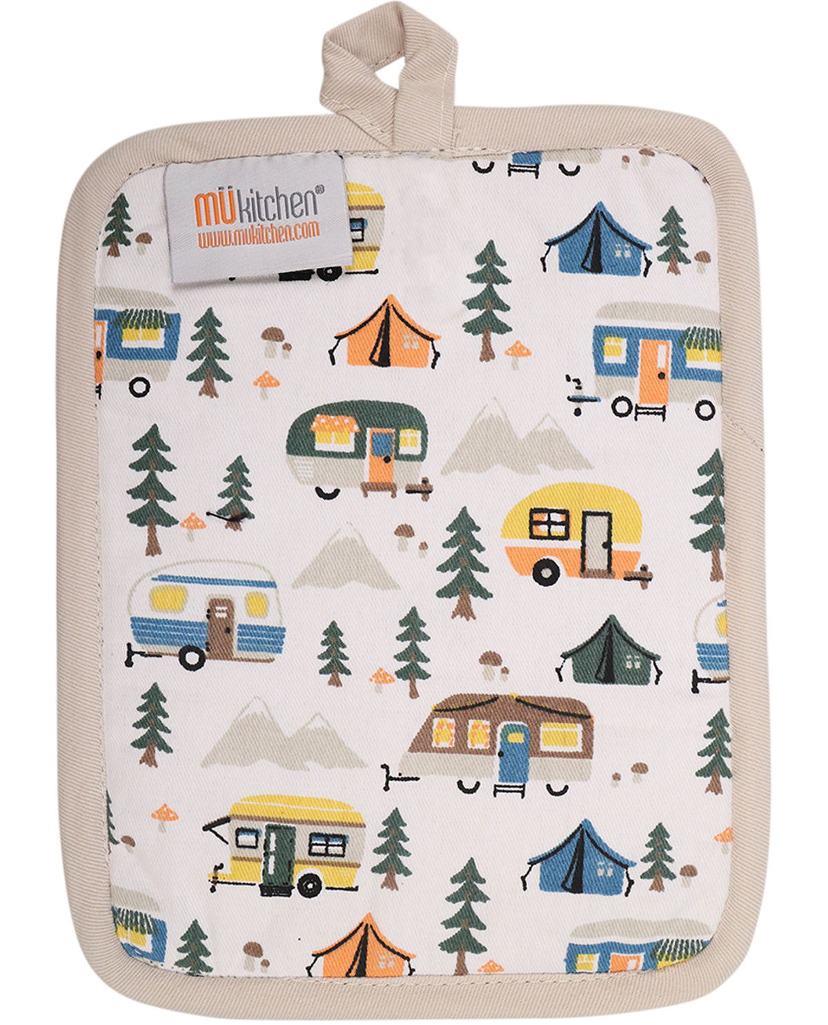 Potholder with camping-themed design featuring trailers and trees, branded 'mué Kitchen'.