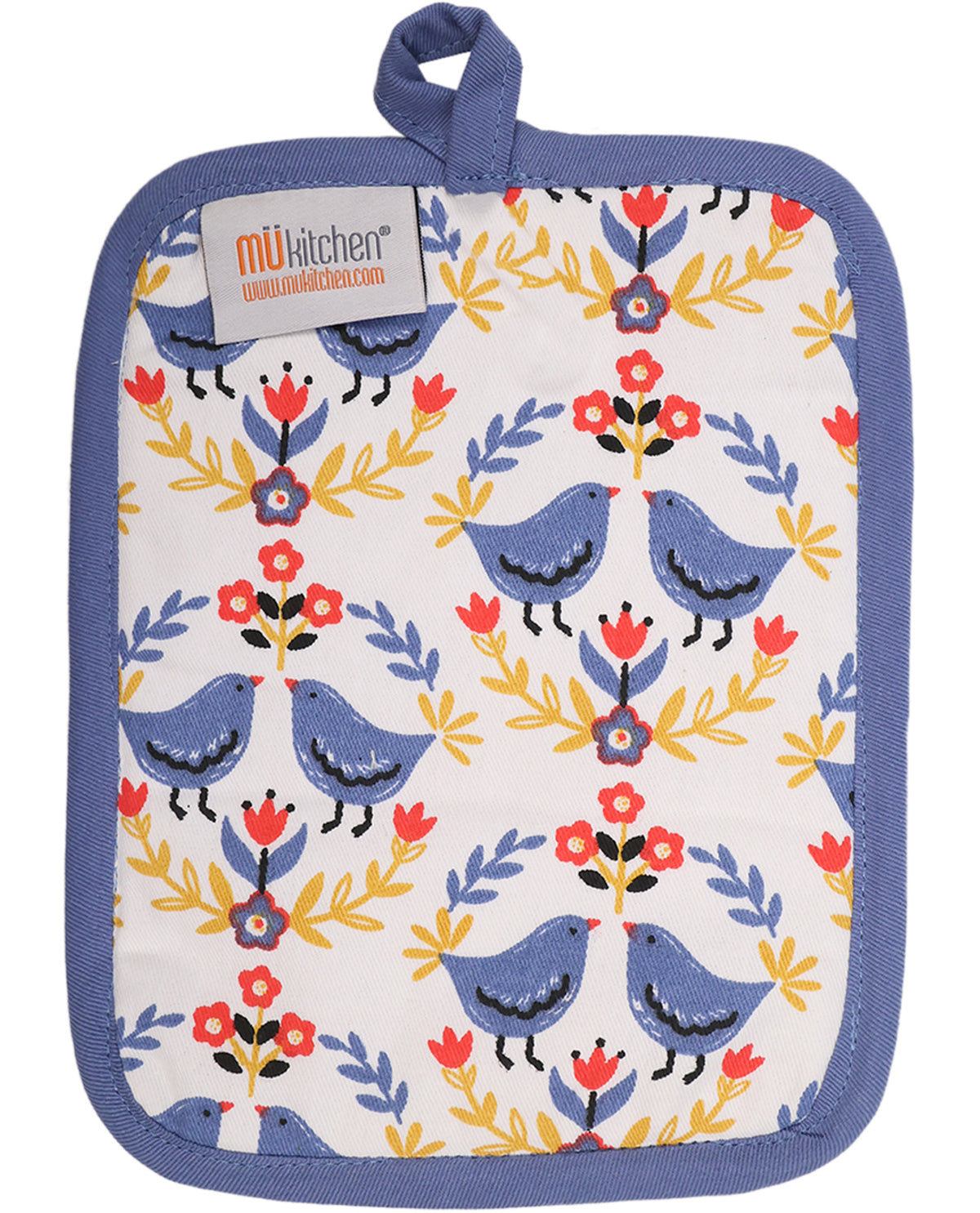 Potholder with bird and floral pattern, featuring the brand 'Mu Kitchen'.