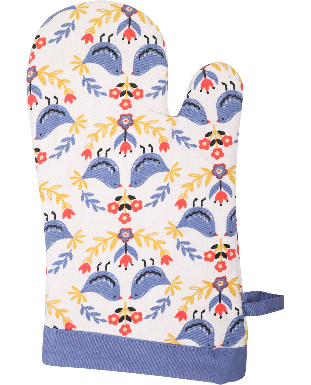 Oven mitt with colorful bird and floral pattern on a white background