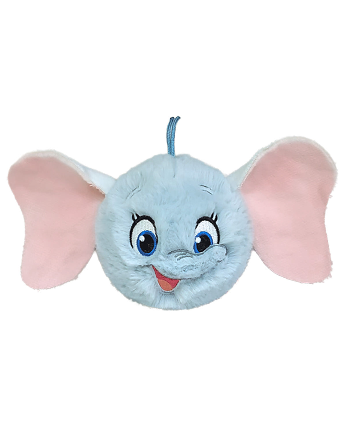 A plush elephant head toy with a light blue face, large pink ears, and blue eyes, shown against a plain white background.