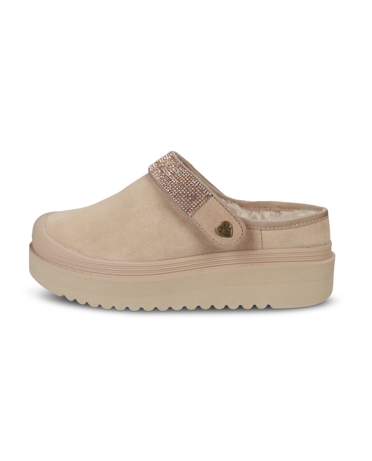A single beige platform clog shoe with a textured strap embellished with rhinestones and a small metallic heart charm, shown against a plain white background.