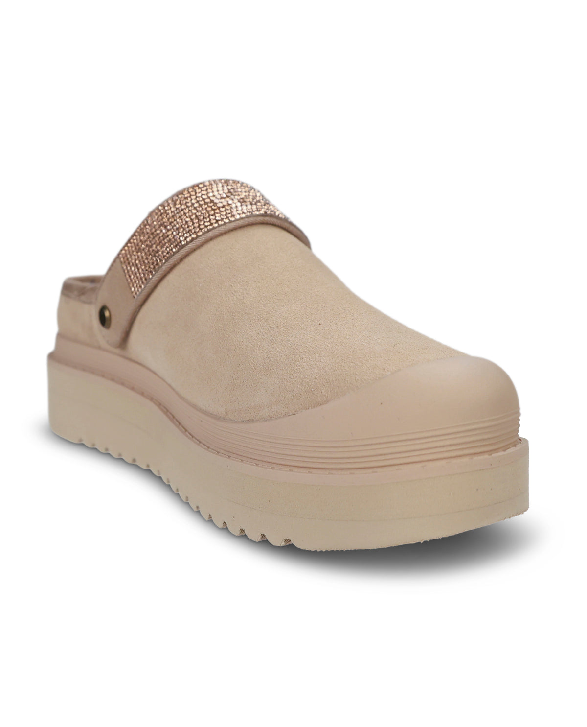 A single beige platform clog shoe with a sparkling rhinestone strap, shown from a three-quarters angle on a white background.