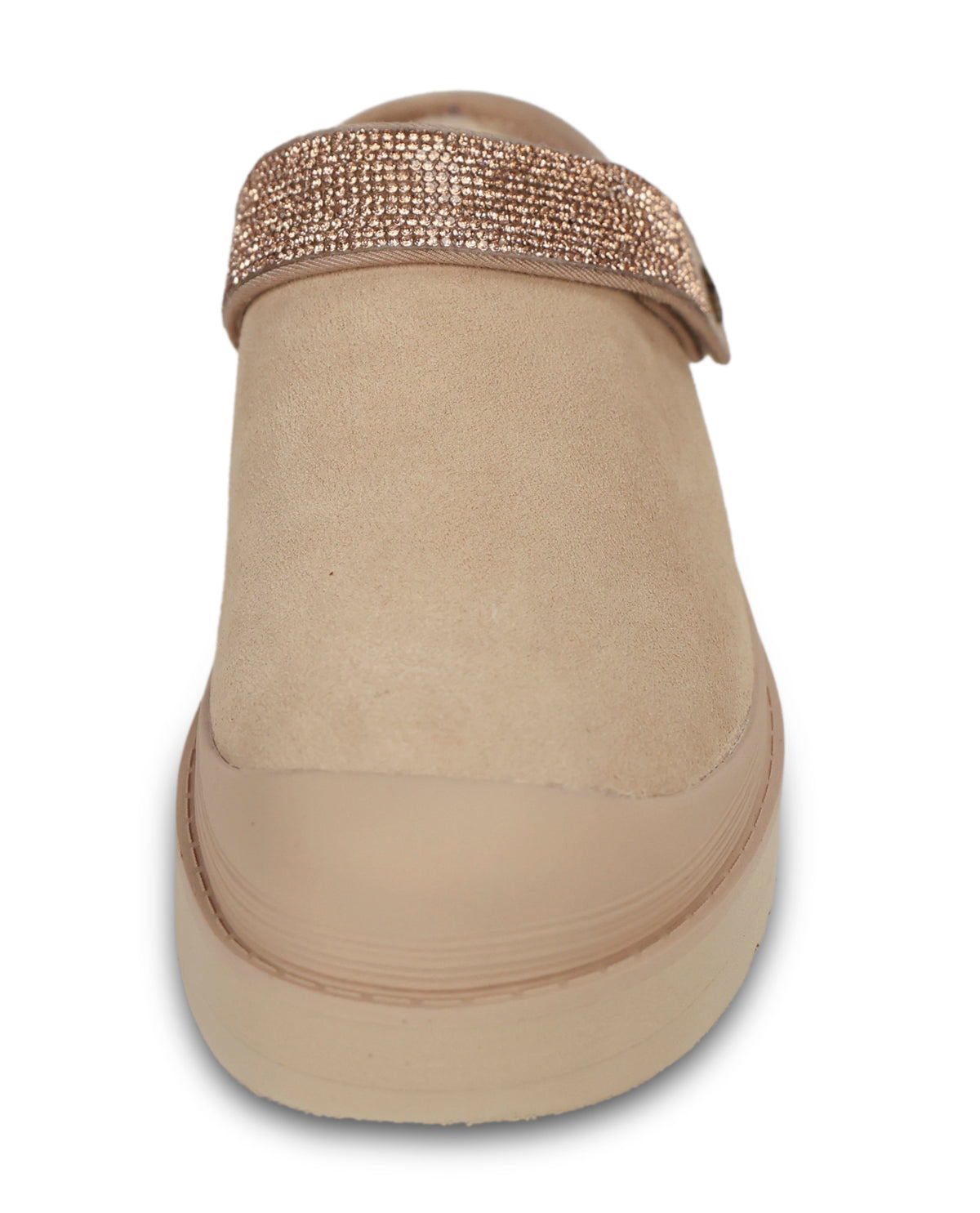 A single beige slip-on clog shoe with a wide strap embellished with sparkling rhinestones, shown from a front-facing angle on a white background.