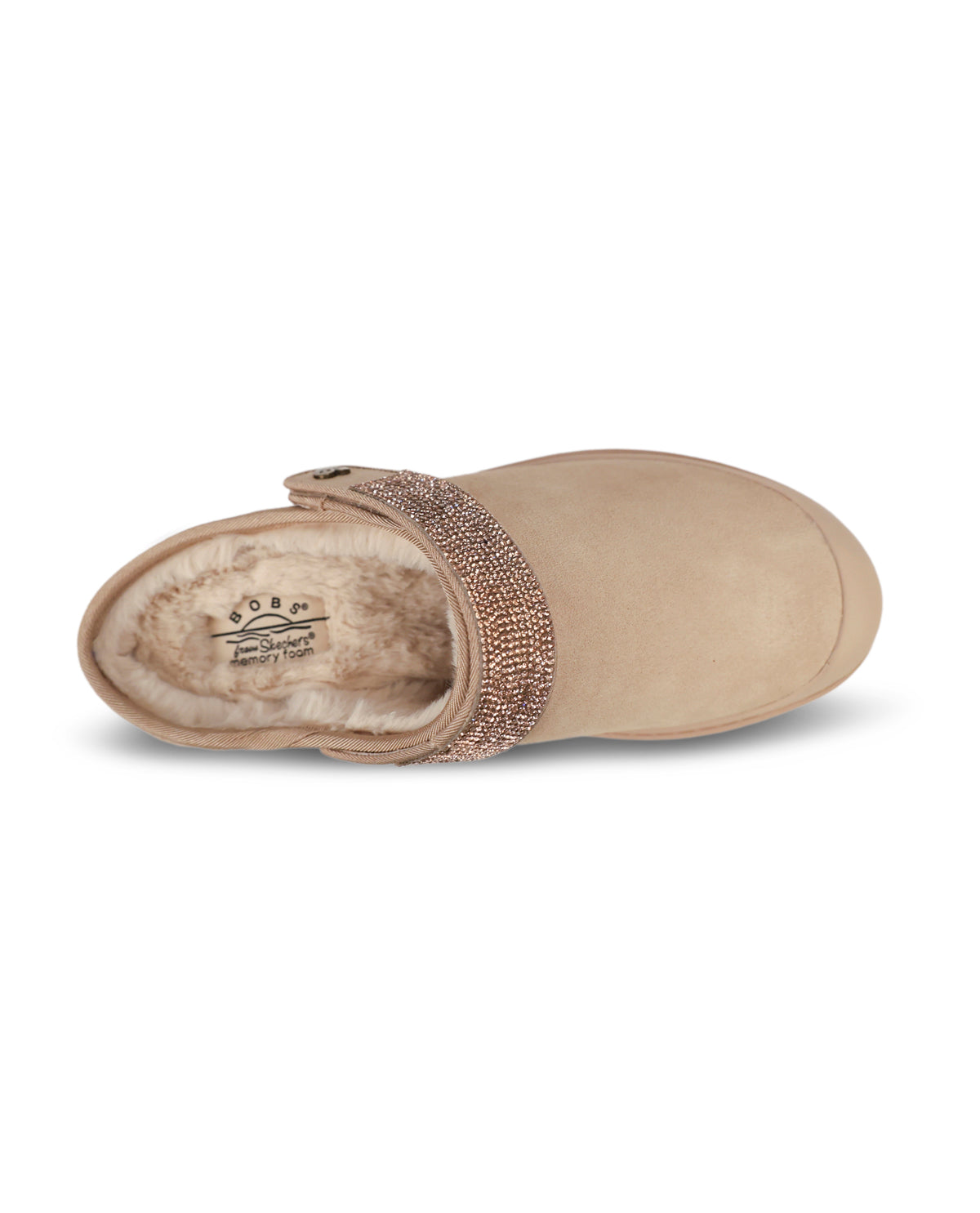 A single beige slip-on clog-style shoe with a fuzzy interior and a sparkling metallic band across the top, shown on a plain white background.
