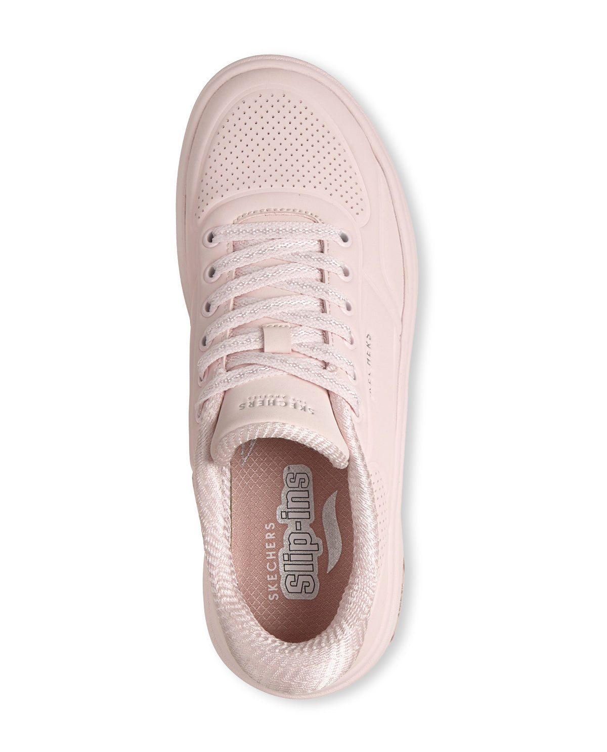 Pink sneaker with 'Skechers' branding on a white background