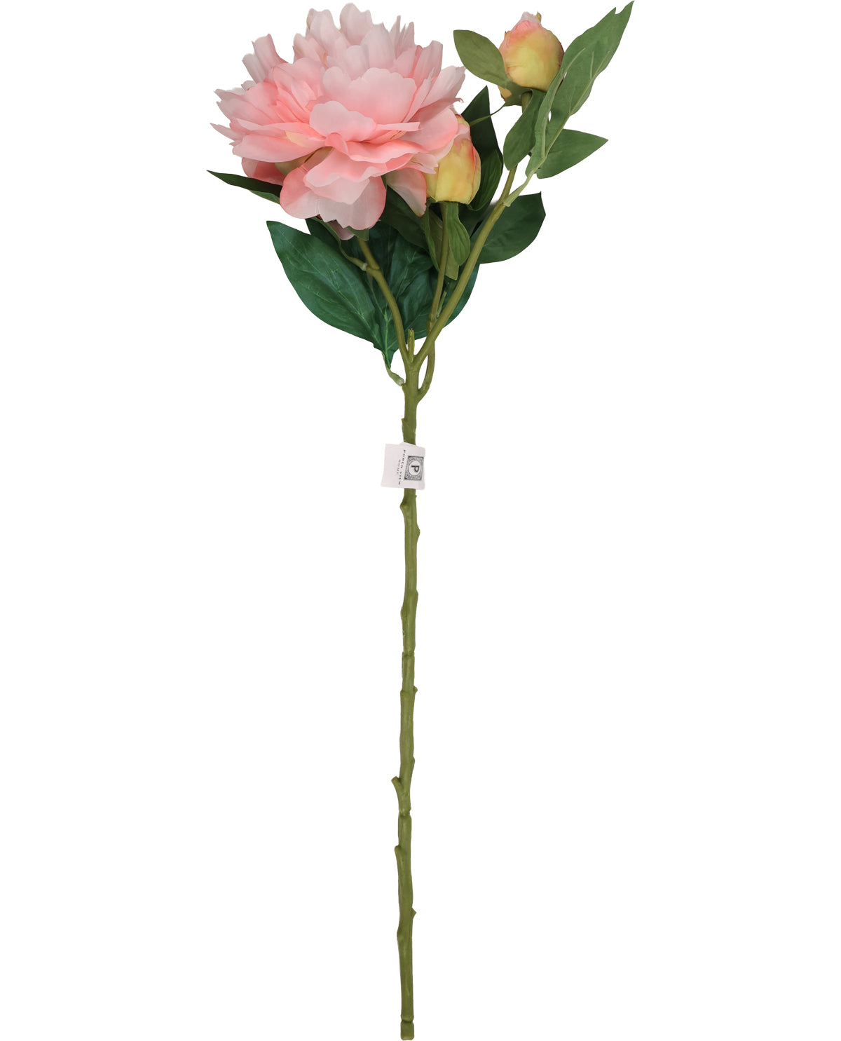 Artificial flower stem with pink flower and green leaves on a white background