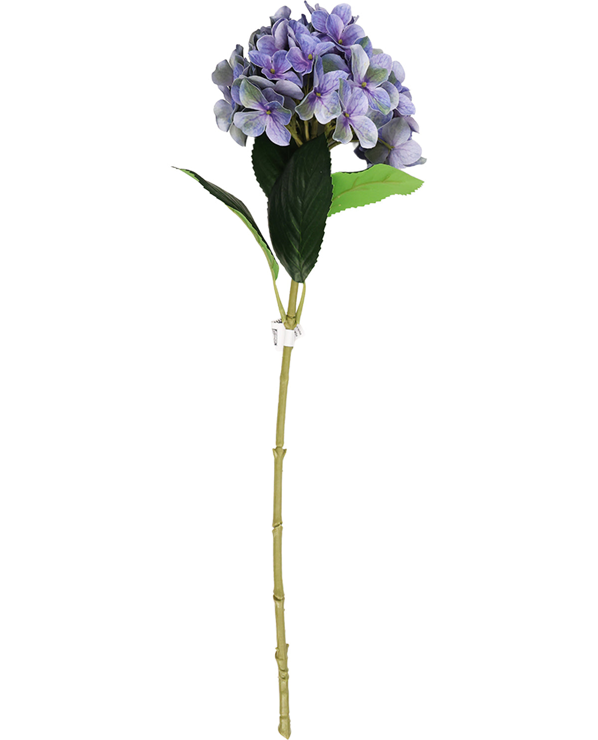 Artificial flower arrangement with purple flowers and green leaves on a white background