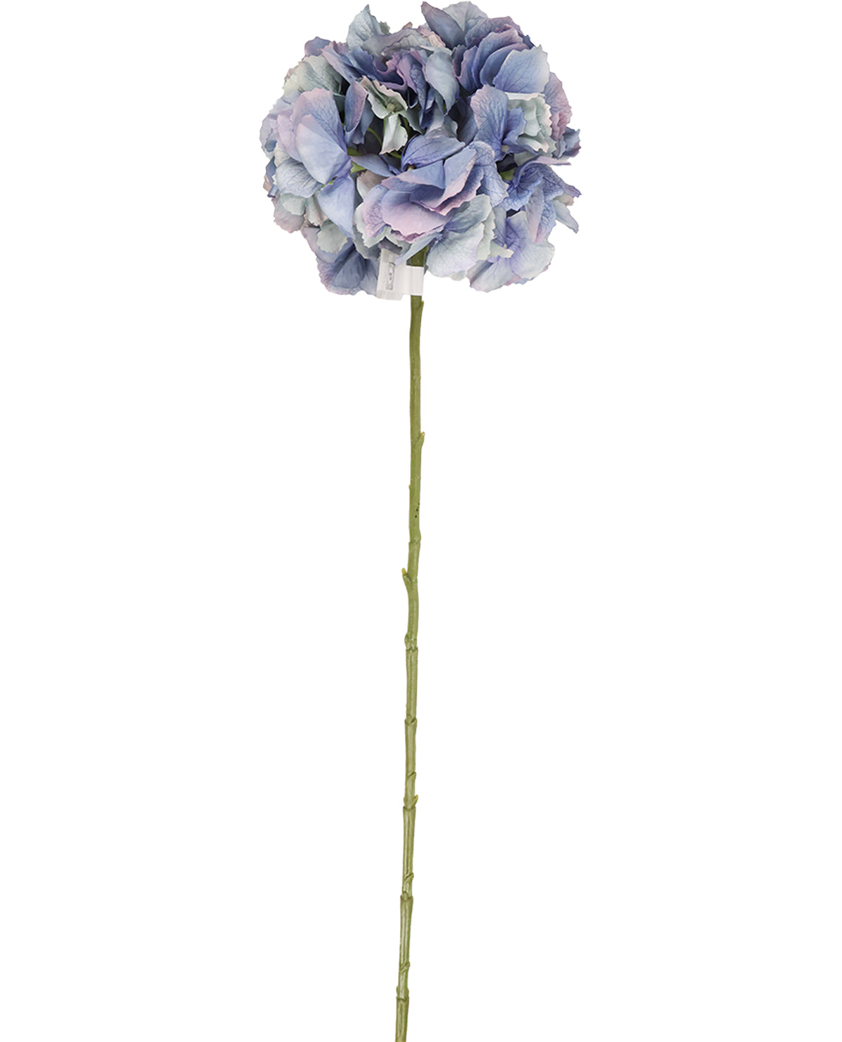 Artificial flower stem with purple and green flowers on a white background