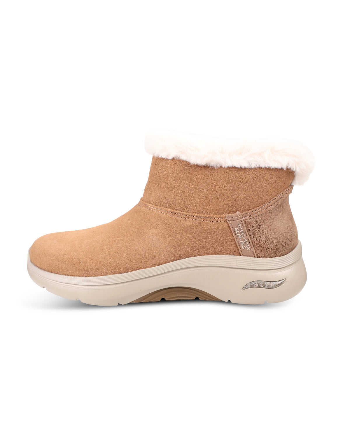 A tan suede ankle boot with a white faux-fur trim and a beige sole, shown from a side profile on a white background.