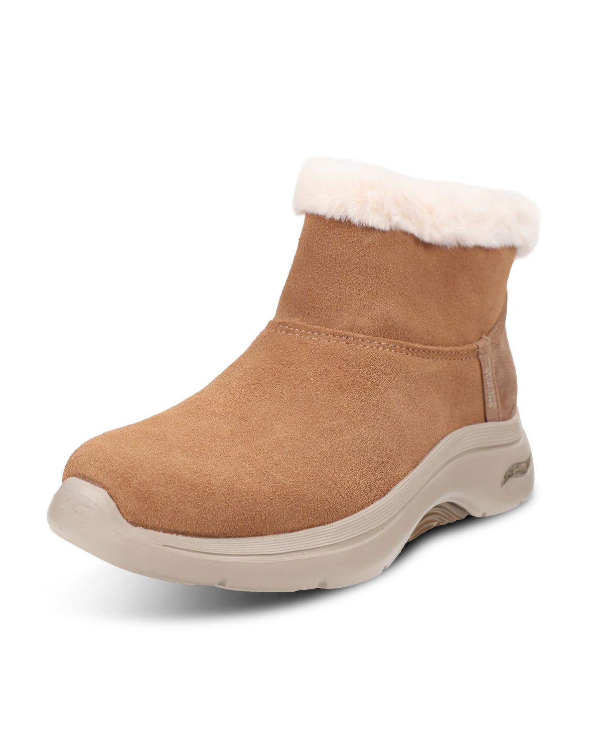 A tan suede ankle boot with a plush white faux-fur trim around the collar and a thick beige sole, shown from a three-quarters angle on a white background.