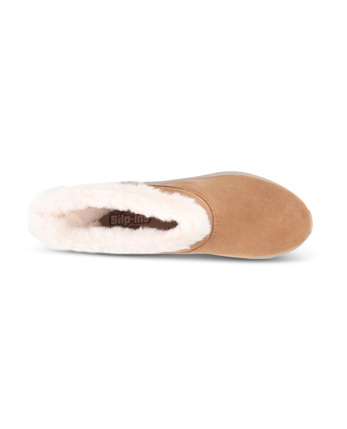 A single tan suede slipper with a white shearling lining, shown from a side profile view on a white background.