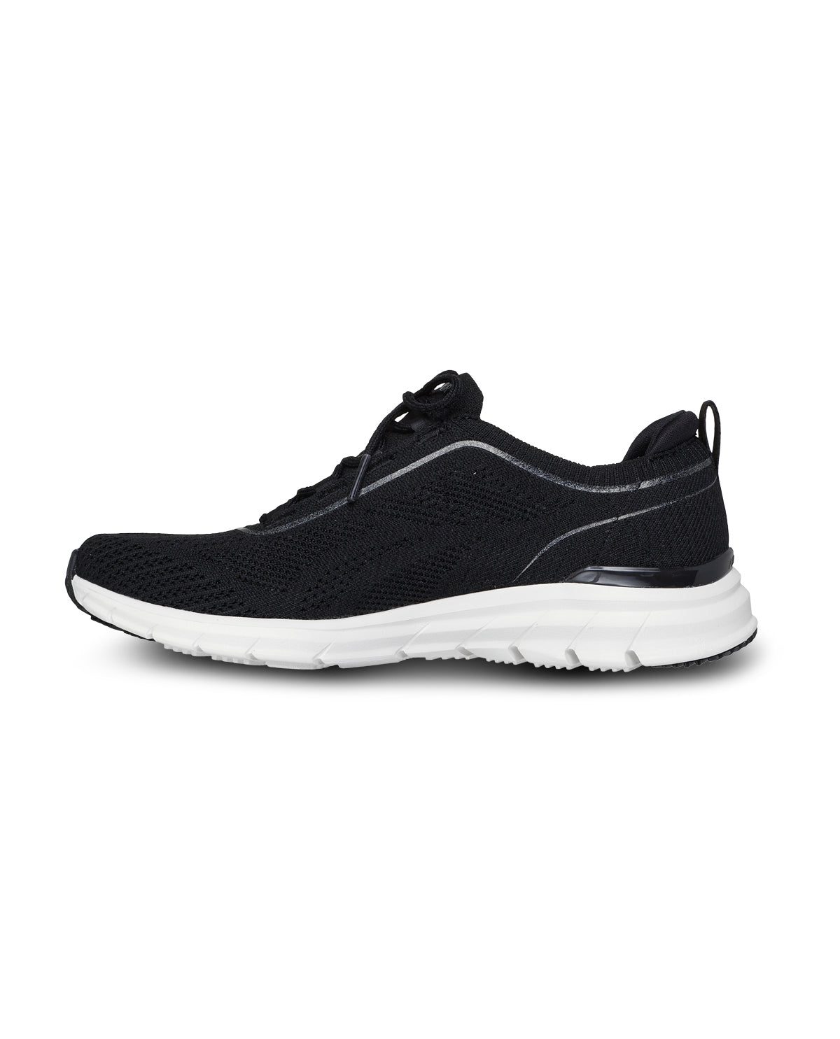Black athletic shoe with white sole on a white background