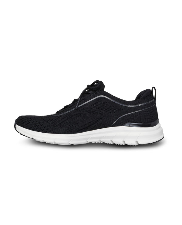 Black athletic shoe with white sole on a white background